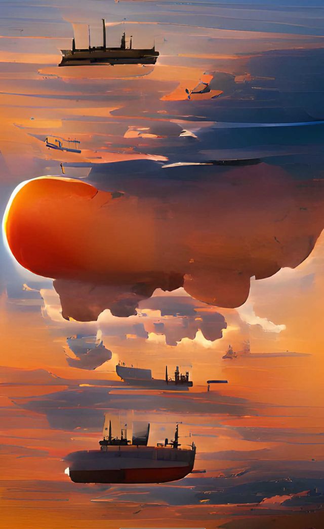 between sea and flat-bottomed raincloud a peach glow silhouettes half a million tonnes of cargo