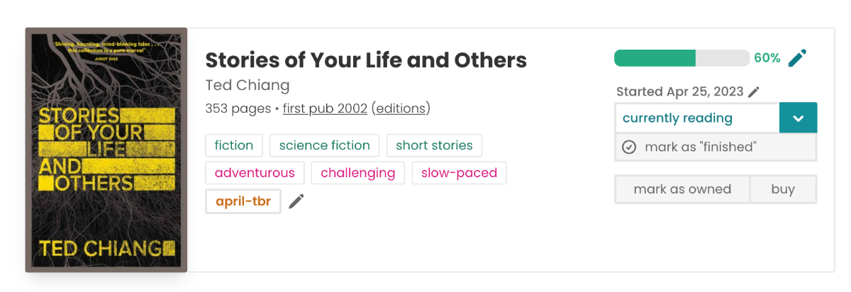 Book pane for Stories of Your Life and Others. The book cover is to the left, featuring yellow text on a black background. In the middle is all of the book info including the tags: science fiction, short stories, adventurous, challenging, slow-paced. I've also added a custom 'april-tbr' tag. To the right is a progress bar at 60%.