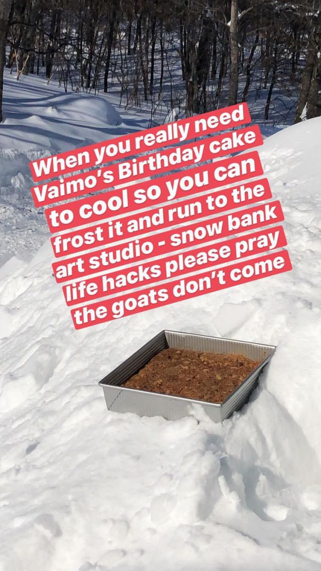 a square metal cake pan with a carrot cake sits cooling in a snowbank caption on image reads "when you really need Vaimo's Birthday cake to cool so you can frost it and run to the art studio - snow bank life hacks pleases pray the goats don't come"