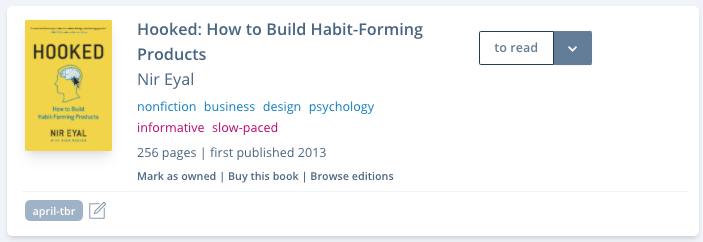 Book pane for Hooked. It shows the full title of the book "Hooked: How to Build Habit-Forming Products", the author, and the cover.