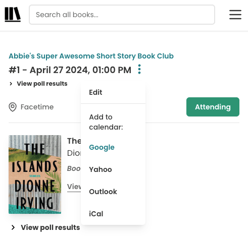 Screenshot of the top of a book club meeting page. By the date, there's an expanded dropdown menu. The title is "Add to calendar" and the options are: Google, Yahoo, Outlook, iCal.