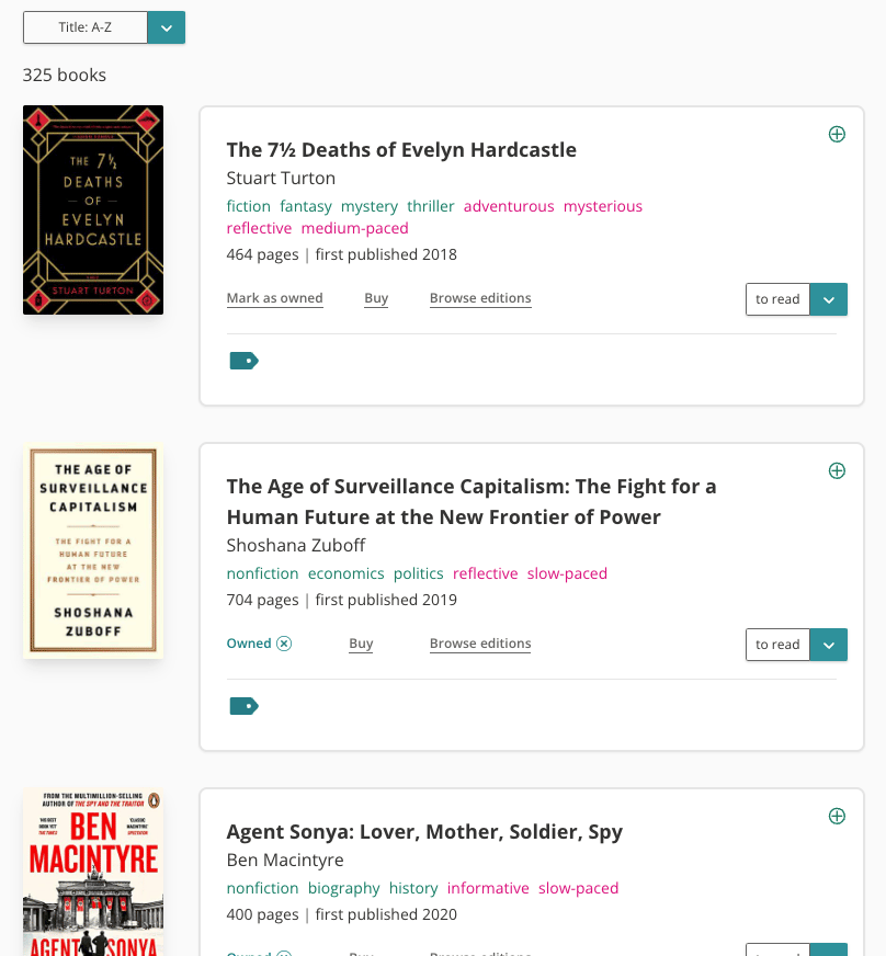 Screenshot of the old StoryGraph book list view on desktop. The book covers are to the left, with information panes on the right. Th information panes show a variety of text in different colours, and a range of buttons, links and dropdowns.