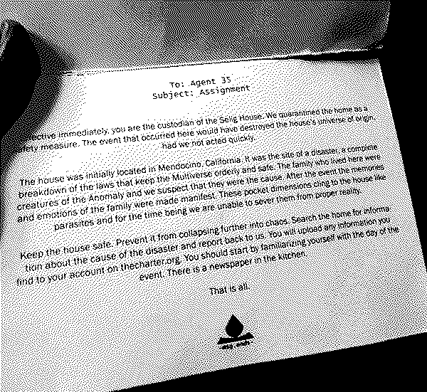 A note explaining that the Selig House was the site of a breakdown of the laws that keep the Multiverse orderly and safe. Are you Agent 35? Is this your assignment?