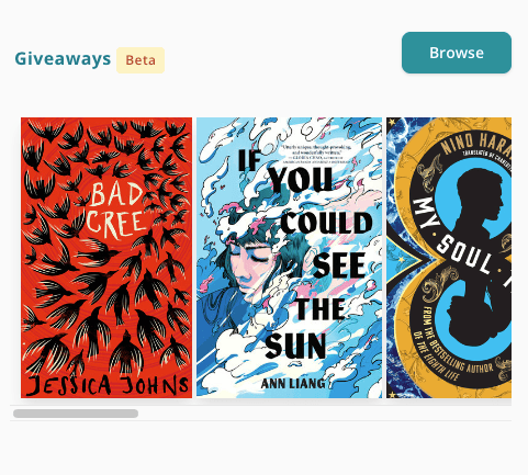 Screenshot of the mobile view of Featured Giveaways on the homepage. There are three book covers side by side, horizontally, with the third cut off about halfway. There's a green button top right above the covers labelled "Browse".