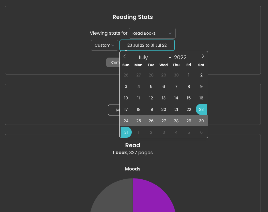 Screenshot of the top of my stats page. There are three dropdowns filled out with "Read Books", "Custom" and "23 Jul 22 to 31 Jul 22" accordingly. Underneath the third dropdown is a calendar showing those July dates selected. And underneath is the top of the stats charts, with the top of a Moods pie chart visible. Above the Moods pie chart reads: "Read, 1 book, 327 pages".