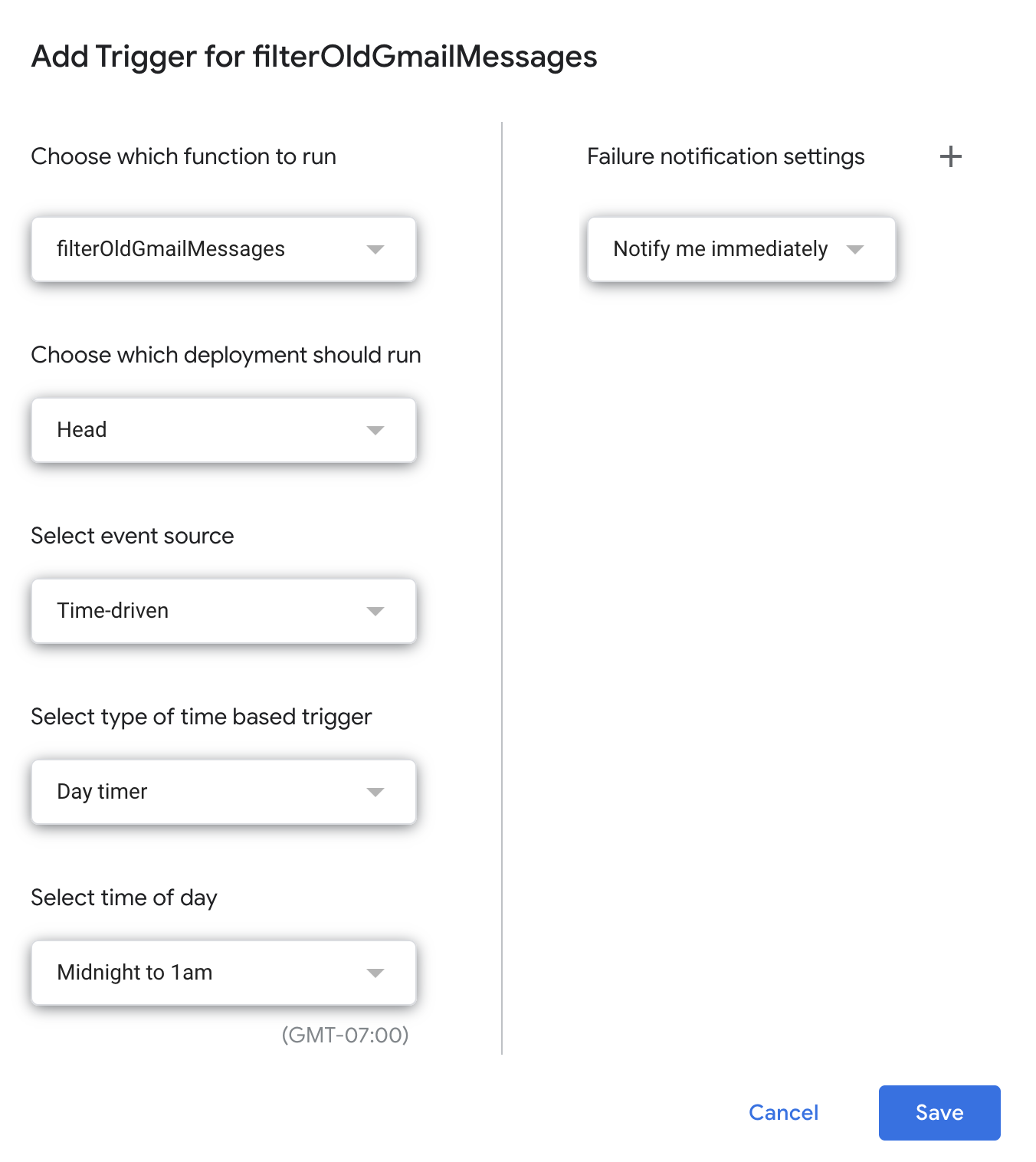 This image shows a Google Cloud Platform interface for adding a time-driven trigger to run the function “filterOldGmailMessages” daily between midnight and 1am, with immediate failure notifications.