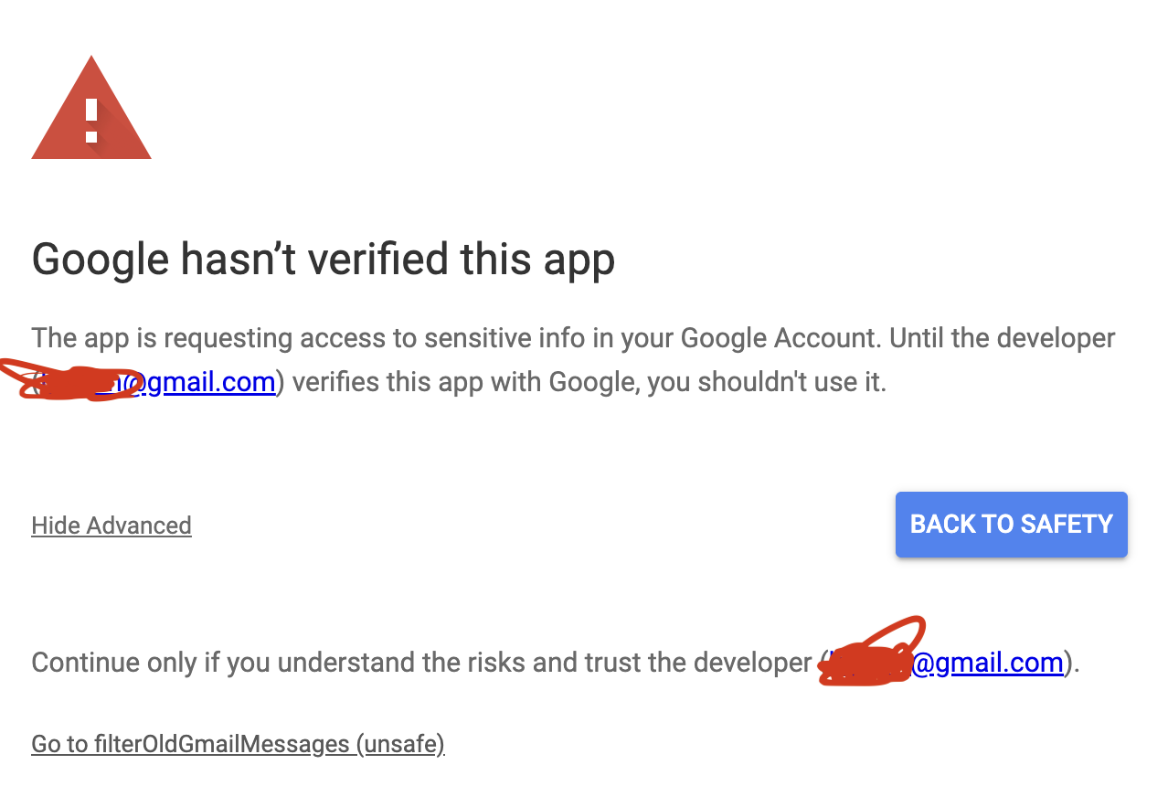 The image displays a warning that Google hasn’t verified a specific app, advising users not to use it until the developer verifies it with Google due to its request for sensitive account information. Users have the option to return to safety or proceed with caution if they trust the developer.