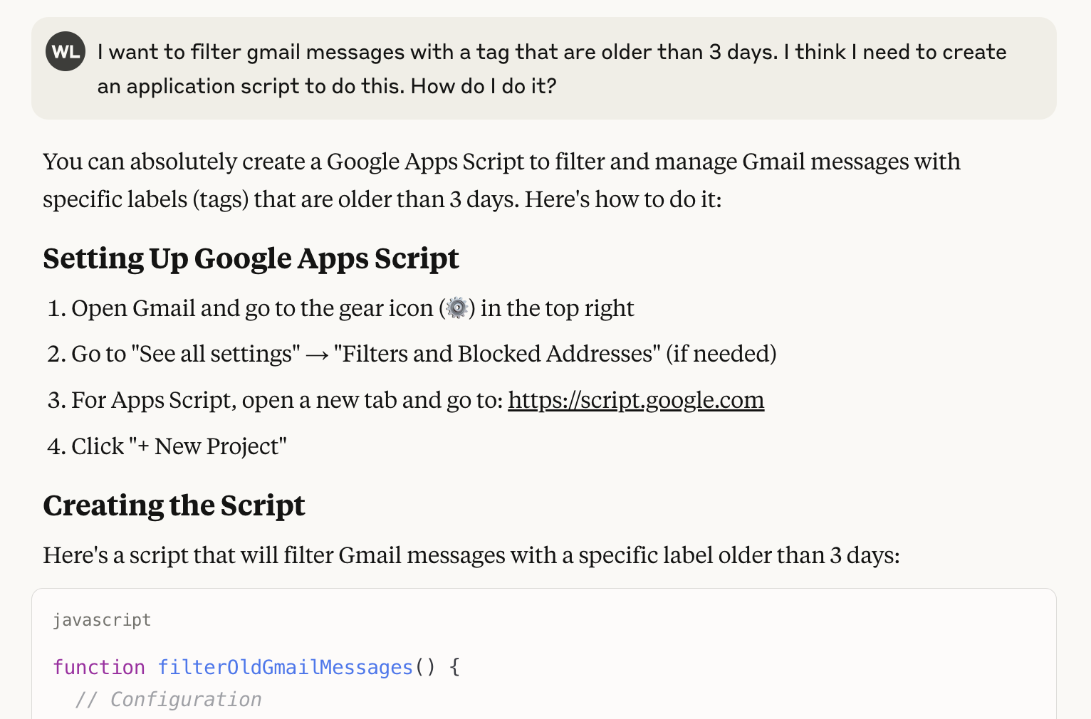 This image provides instructions on setting up a Google Apps Script to filter Gmail messages with a tag older than three days. It includes steps for opening Gmail settings and creating a new script project.