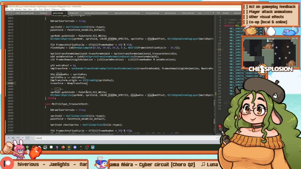 My twitch stream layout, with a cute character with big green hair and a duck beret