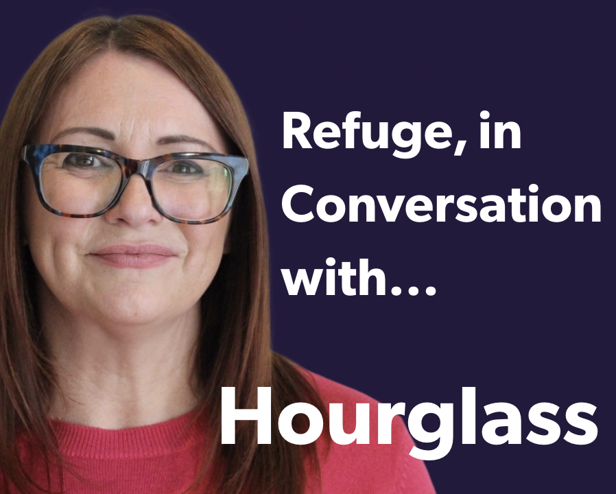 An image of Carrie Bower, smiling in a pink top and glasses. The image reads 'Refuge, in conversation with Hourglass'