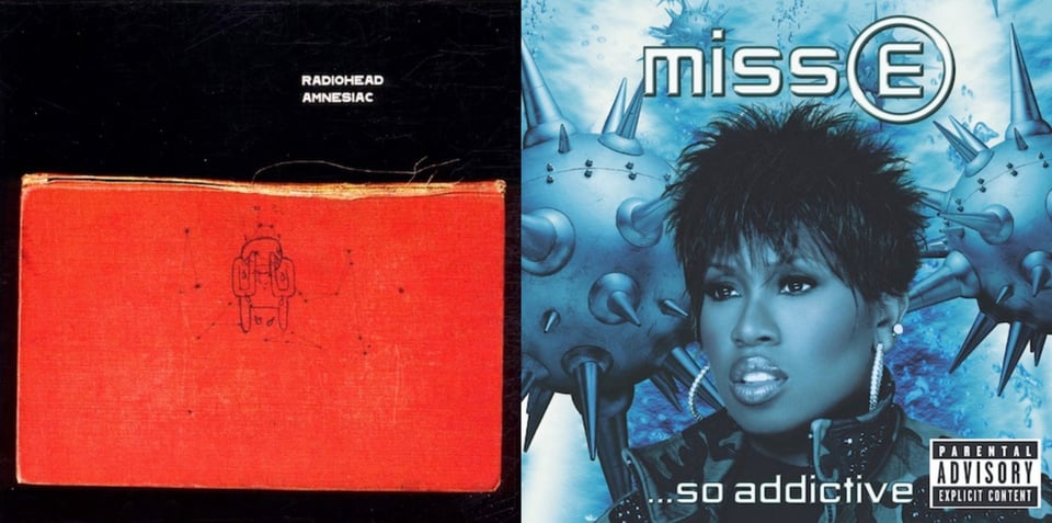 First pic: An old and distressed red hardcover book, placed horizontally so its spine is at the top, on a black background. The spine is damaged and peeling. On the book is a sketch of a spindly, bald, almost alien figure that seems to be holding its hands to its eyes, as if crying. Second pic: A blue tinted photo of a close up of Missy Elliot, a Black woman with short black hair in what I'd call a Pat Benatar style. She wears large hoop earrings with diamonds, and a collared jacket that is vaguely like camouflage. Behind her are two spherical metal objects, covered with sharp spikes. That are reminiscent of both ocean mines and viruses.