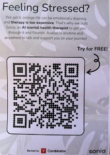 A flyer with a large QR code for a product called Sonia, "an AI mental health therapist," found on the campus of UCLA
