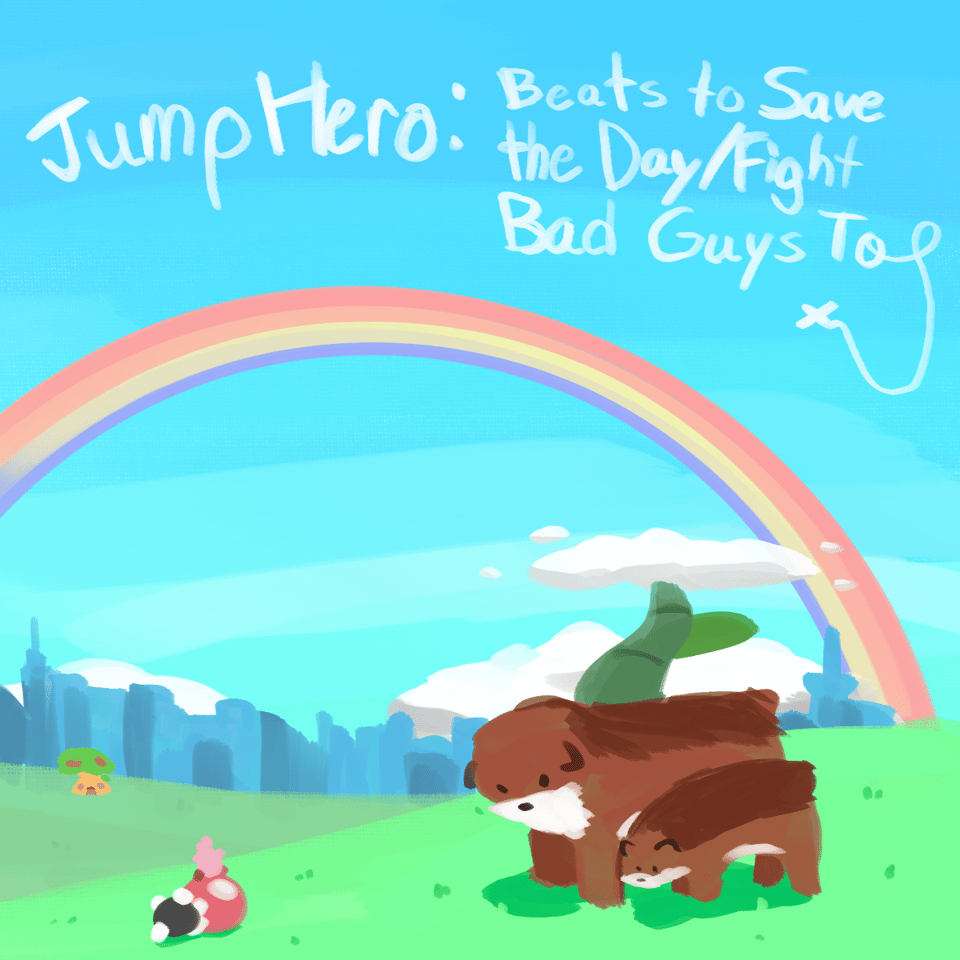 Parody of the Katamari Fortissimo Damacy album cover, but Poppy is rolling a ball with Squiggly on it. The Tree House, Esper City, and the Skylands are in the distance. Two creatures that look like large bears are looking at Poppy and Squiggly. A large rainbow is in the sky over this whole scene.