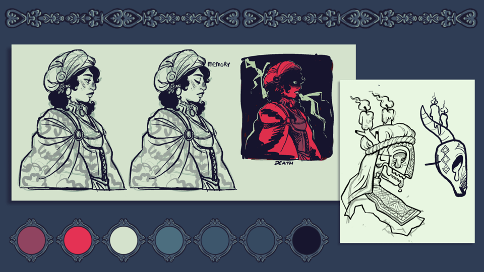 Side profile drawings done with deep shades of reds and blues.