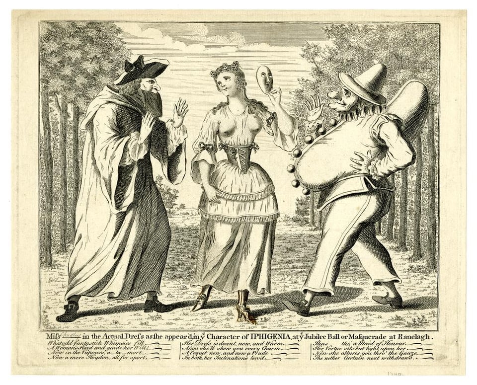 A satirical cartoon showing a woman wearing a corset and pointy shoes, with a see-through top revealing her breasts and a sheer skirt showing the shape of her legs. On either side of her are monstrous caricatures of people, presumably representing men in their own costumes.