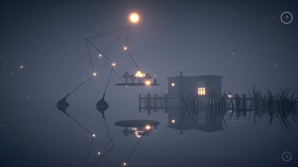 A large entity holds a tray of lamps in front of a home on the water
