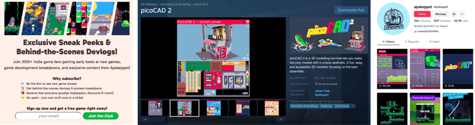 thumbnails of newsletter, picoCAD 2 on steam, and Apskeppet's TikTok, all reaching milestones this week