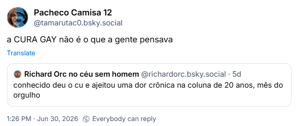 Post de Pacheco Camisa 12 (‪@tamarutac0.bsky.social‬): a CURA GAY não é o que a gente pensava (citação ao post anterior)