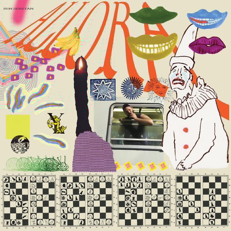 album art for ALLORA featuring a clown and a goofy guy smoking plus some bananas and a bunch of floating lips