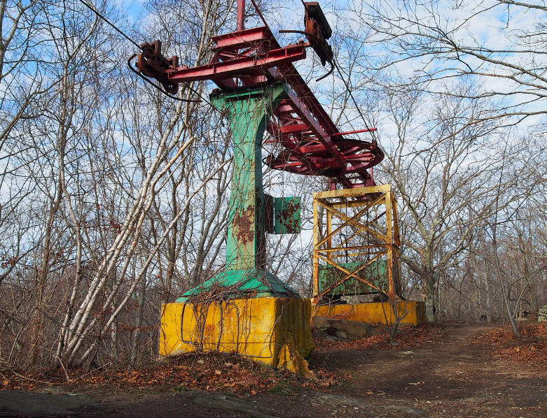 A rusted track stands among bare trees, fall foliage on the ground beneath. Wires still run between metal pillars.