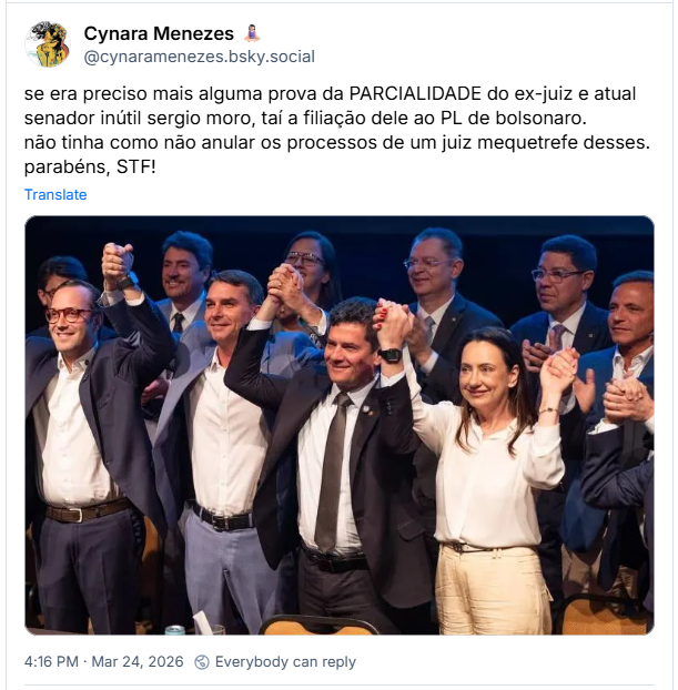 Post de Cynara Menezes 🧘🏻‍♀️(‪@cynaramenezes.bsky.social‬) :
se era preciso mais alguma prova da PARCIALIDADE do ex-juiz e atual senador inútil sergio moro, taí a filiação dele ao PL de bolsonaro.
não tinha como não anular os processos de um juiz mequetrefe desses.
parabéns, STF!

post contém uma imagem de Sergio Moro durante sua filiação de mãos dadas com Flávio Bolsonaro