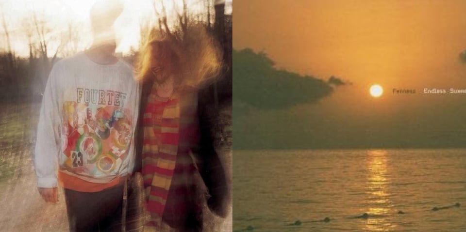 First pic: A blurry, smeary color photo of two young white people, a man and a woman, outside in a park-like environment, lit by a low sun. The man's face is too blurry to register, but he is wearing a white sweatshirt with FOUR TET written on it and some kind of photo collage. The woman has long blondish hair, and wears a jacket and striped scarf. She looks like she's laughing. Second pic: A sunset over the ocean. Everything is orange.