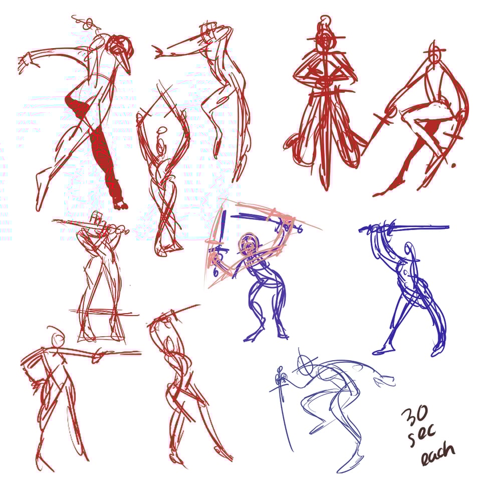 30 second sketches of human figures wielding a sword.