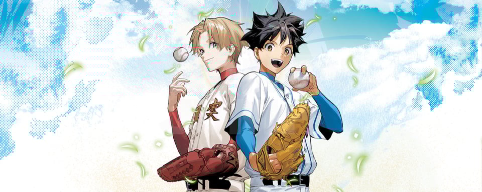 The key for the manga, Harukaze mount. On the left a blond haired baseball player in red. On the right, a black haired baseball in blue.