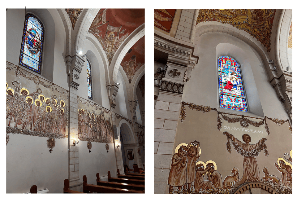 stained glass, painted drawings on the wall with halos of gold on people, and arches