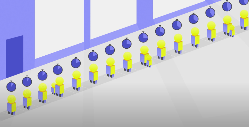 An illustration of people waiting in line. Each person has a stopwatch over their head signifying wait time. People to the back of the line have been waiting longer.