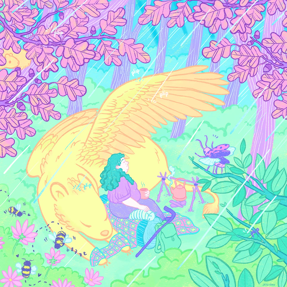 A colorful illustration of a person resting in a clearing of a forest on a rainy day, enjoying a cup of tea under the outstretched wing of a golden griffin taking a nap behind the person. A starry quilt covers its paws ever so slightly. The person pats a cat-sized roly poly bug sitting next to them on the log.