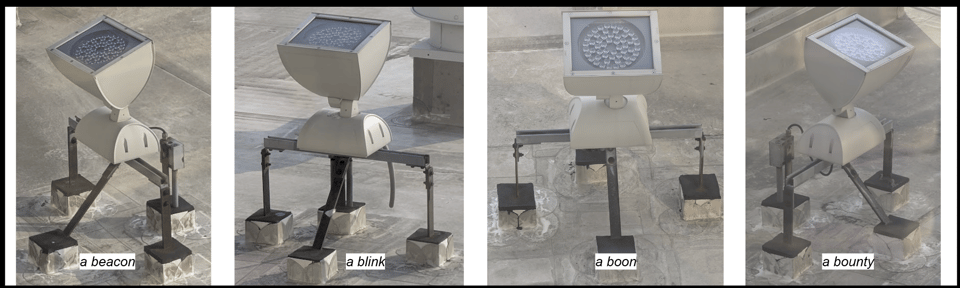 Four different light fixtures. Text reads "a beacon, a blink, a boon, a bounty."