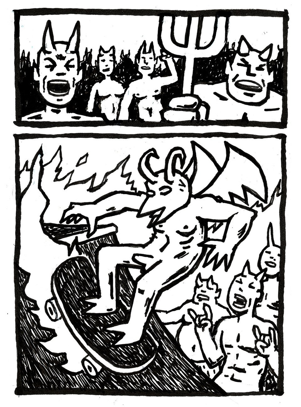 A page from SCUM SLURP, a comic-within-a-comic that Tori and Val encounter in 1997 in NO RACCOONS IN HELL. This page features a bunch of devils screaming and cheering as a being with a beak, horns, and wings rides a skateboard on a half pipe. It's enough to make you Ralph!