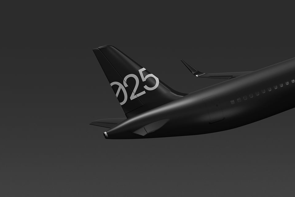 Flight view of the plane mockup in take off action with 025 branding