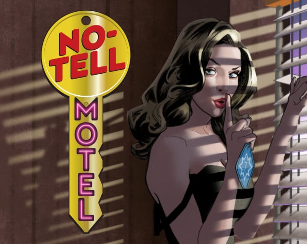 An image of a blonde white woman in a black dress, standing at the blinds of her motel room and holding a room key. She is shushing the viewer. Next to her, the No-Tell Motel key logo.