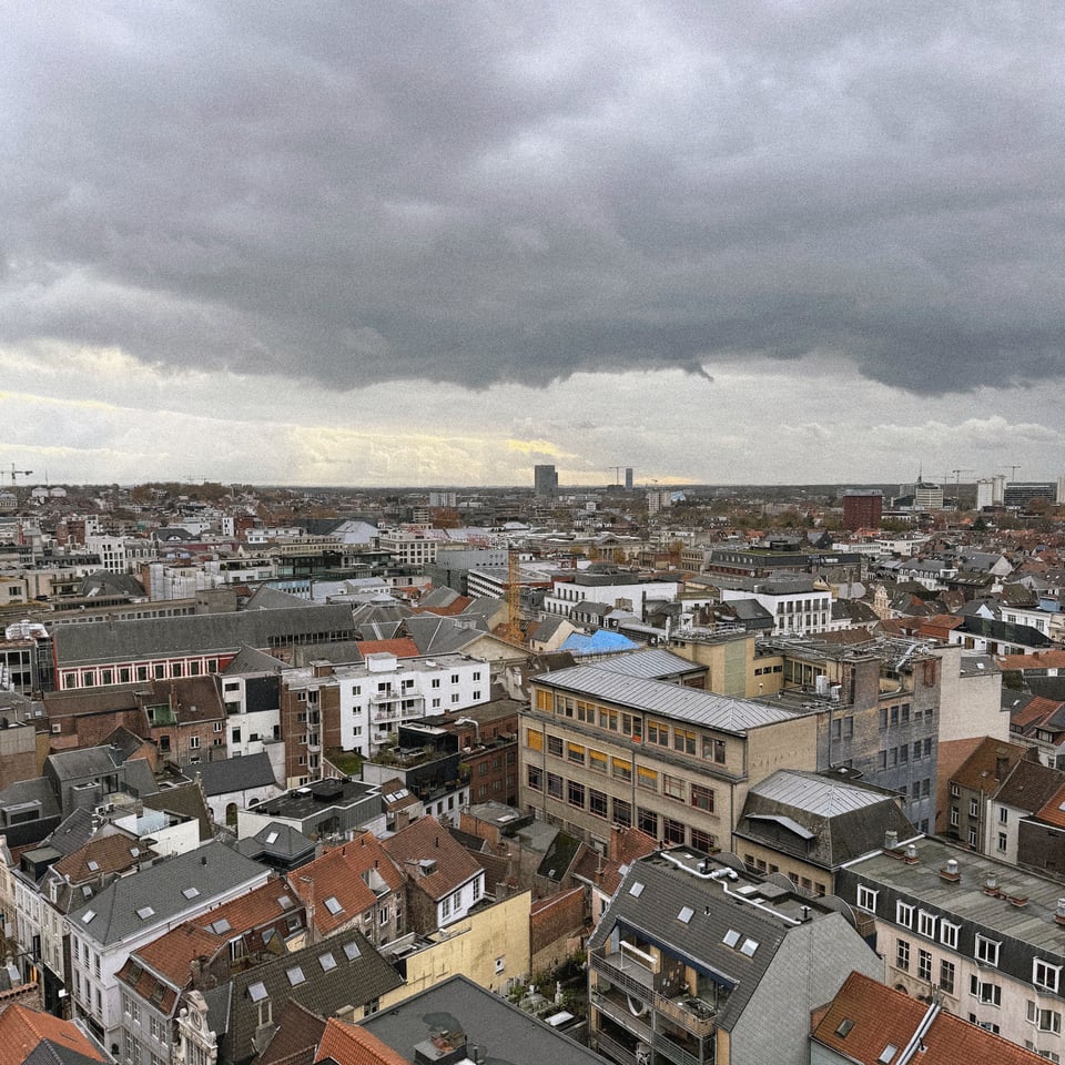 a view of Ghent from up in the carillon tower on a gray, wintry day