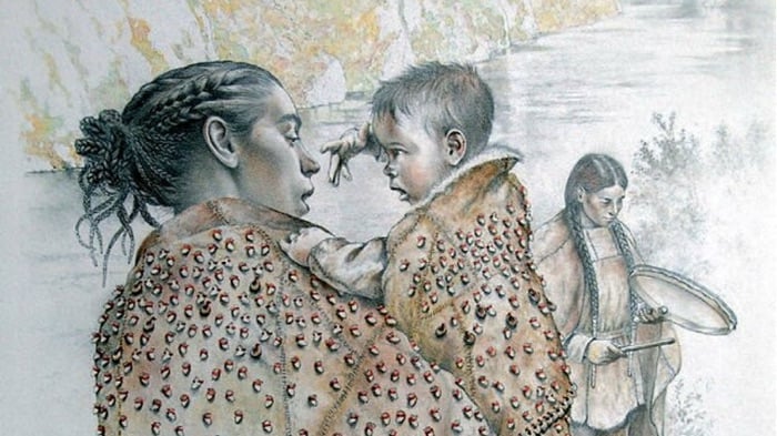 Mesolithic hunter-gatherer woman and child wearing cloaks adorned with fish teeth. Drawing by Mauro Cutrona
