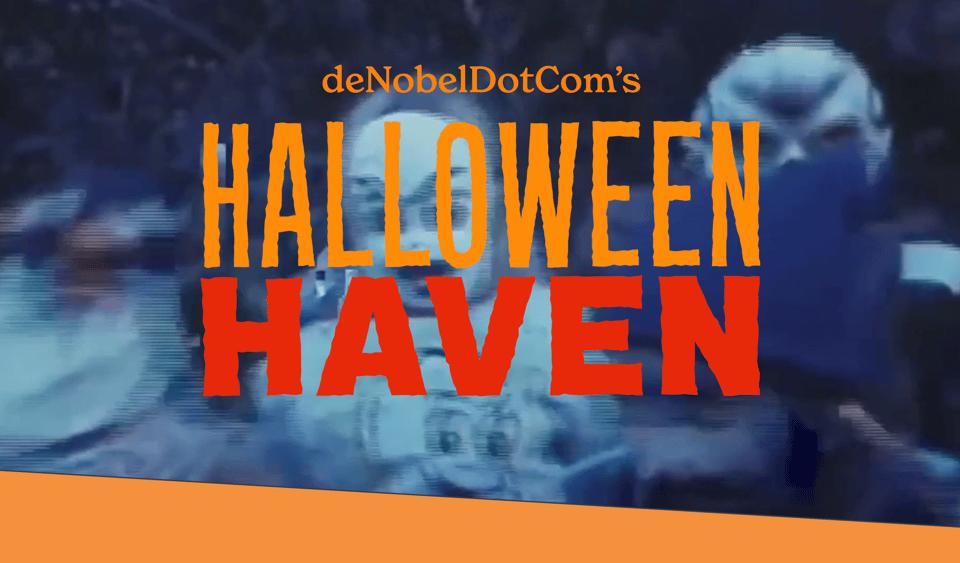 A screencap of a website reading deNobelDotCom's HalloweenHaven. The background shows kids in spooky masks