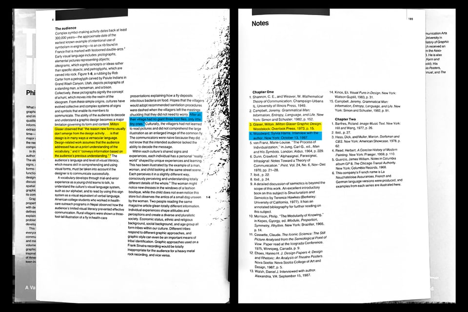 [A book spread, on the left page are two columns of text and on the right page are two columns of endnotes. The Milton Glaser passage/endnote and the Sylvia Harris passage/endnote are highlighted.]