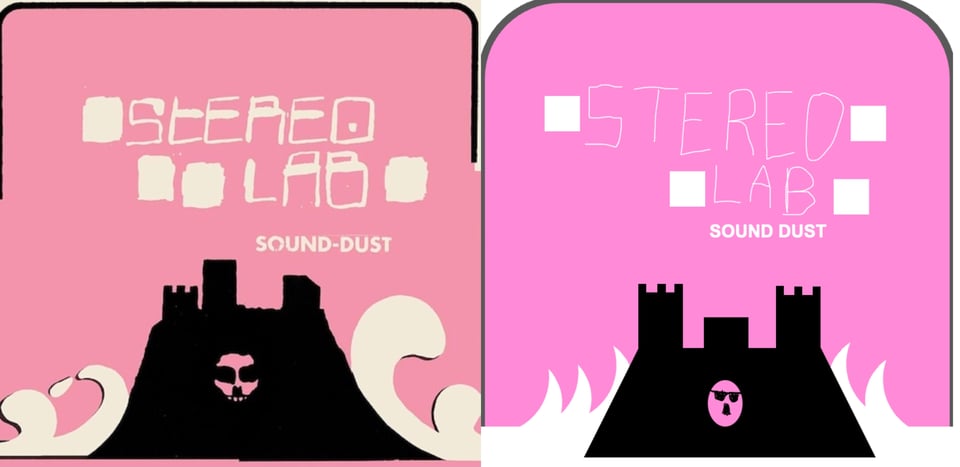 On a pink background is a drawing of the black silhouette of a tall hill with some kind of fortress on top of it. In the middle of the hill is a skull like face, as if "cut out" of the picture -- the negative space is pink, like the background. White shapes like big waves crash on each side of the hill.