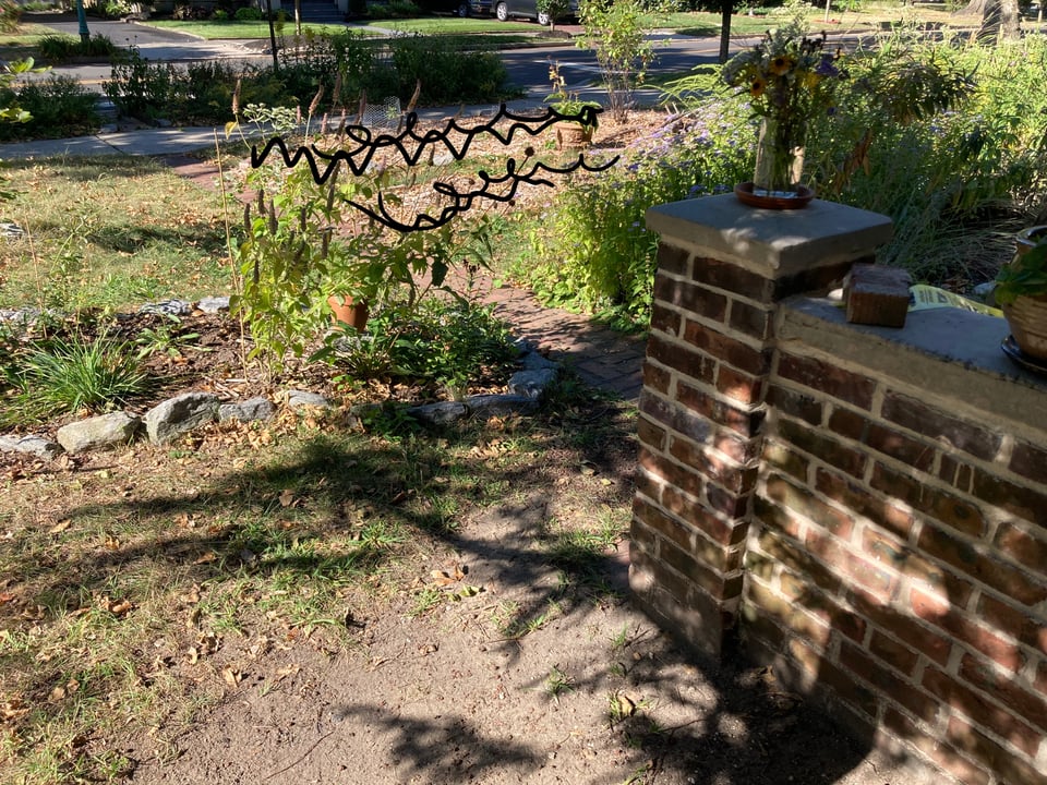 Look at street from behind the front of the house. You can see two native plant beds in the foreground and two forthcoming beds in the background. I pointed out where they will be with black squiggles.