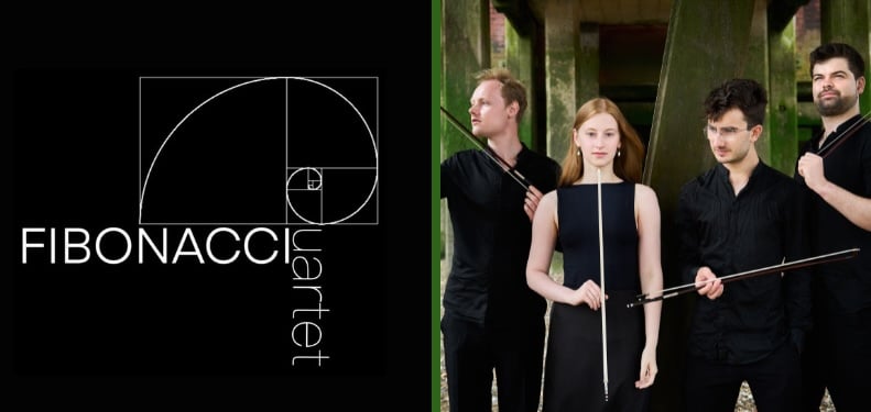 Stylized logo for Fibonacci with an group photo of the Quartet