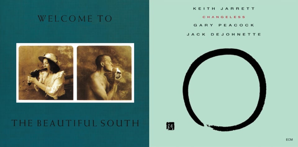 First pic: On a blue green background are two sepia-toned photographs, each in a square the same exact size and placed right next to each other, as if to compare them. In the first, a white woman in a kind of Sunday dress and hat holds an enormous handgun, possibly a 44 magnum, with two hands. It is in her mouth and her thumb is on the trigger. She faces the left. In the second photo, a shirtless man with a shaved head lights a cigarette in his mouth. He faces the right. Second pic: The cover for Keith Jarrett’s CHANGELESS, which is a solid light green/aqua background, and a large open black circle on it. The circle looks like it was created freehand with a thick brush; it does not quite connect all the way, leaving a small gap and evidence of brushstrokes on one end of the line that makes the circle.