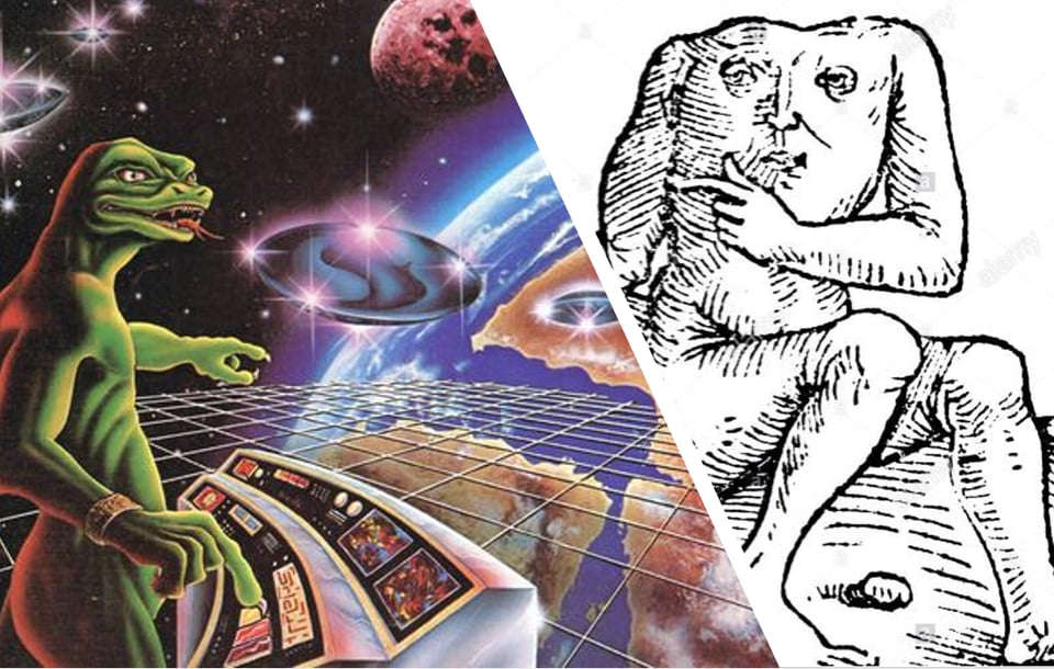 a collage of two images: on one side, a very 80's looking painting on a naked reptilian humanoid at the helm of a completely transparent spaceship, overlooking a transparent grid superimposed on the surface of an Earth-like planet, with some weird space pods and planets and stars and nebula in the background, and on the other side an woodcut engraving of an akephaloi or blemmye, a 'headless one'
