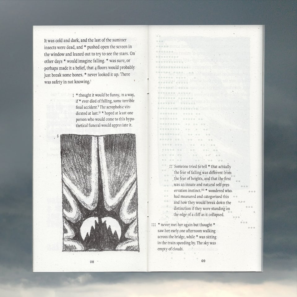 A spread: a section of text & footnotes on speckled paper, a pencil drawing of a shattering object on one page.