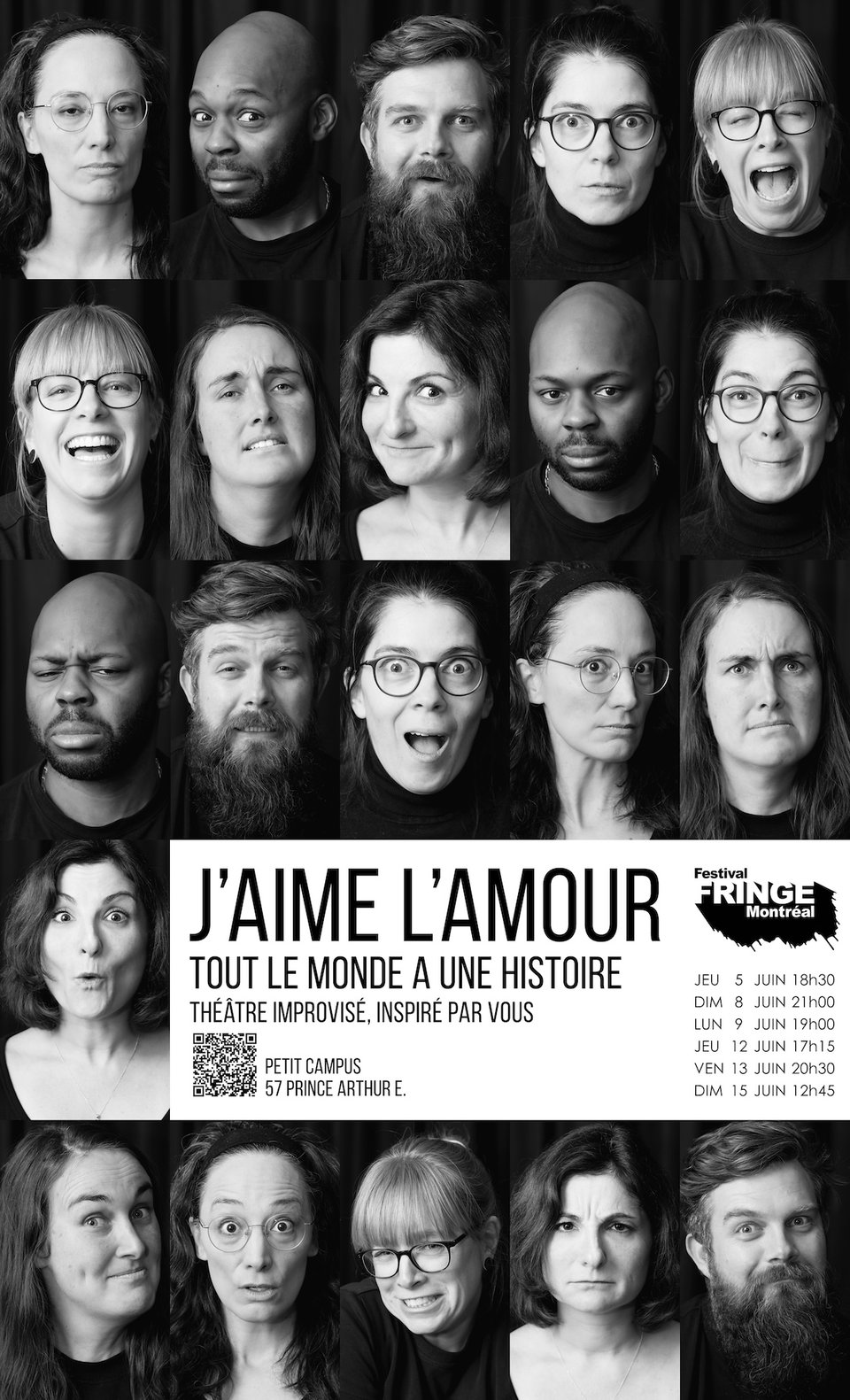 A grid of black and white images of faces making various expressions with show information