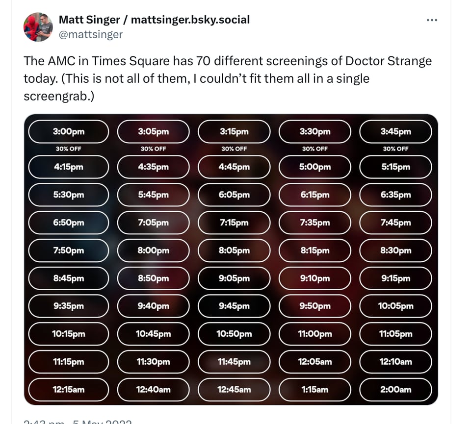 a tweet that shows the many showings of Dr Strange 2 at the Times Square AMC cinema