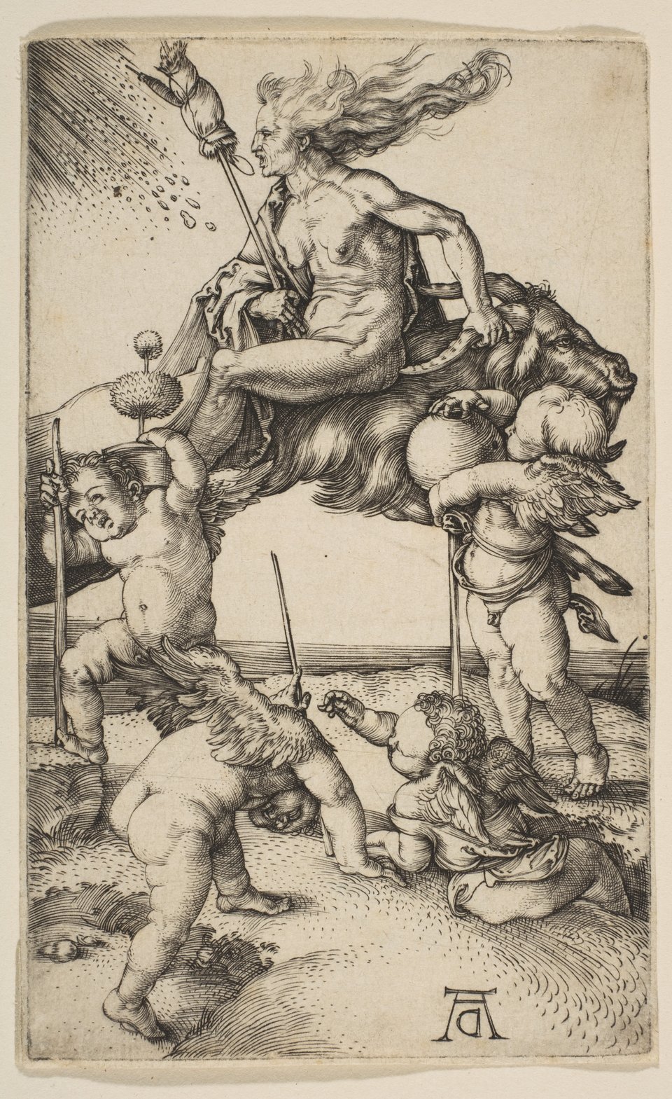 A naked, long-haired woman rides on a leaping or flying goat. Four winged, mostly naked putti (fleshy, winged children in classical mythology) gambol in the foreground. Three of them wield long sticks held vertically; one raises what appears to be a potted plant; another holds a large circular pot with a small mouth.