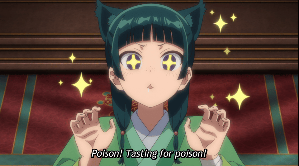 A green-haired anime girl with cat ears and sparkly eyes looking down and saying "Poison! Tasting for poison!"