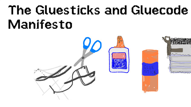 The Gluesticks and Gluecode Manifesto - with some drawings of scissors, gluestick, glue, a photocopier The Gluesticks and Gluecode Manifesto - drawings of scissors, forms of glue, and a photocopy machine